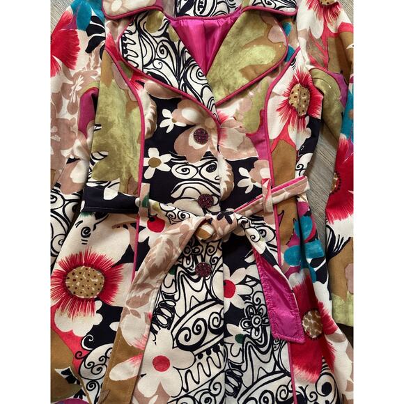 3 Sisters Trench Coat Floral Velvet Colorful Rhinestone Buttons Belted Small - Picture 6 of 9